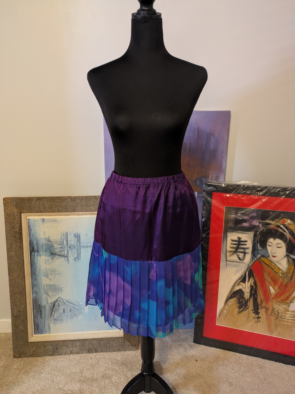 Unbranded Purple Multi Pleated Skirt Watercolor Midi Above Knee Satiny *READ*